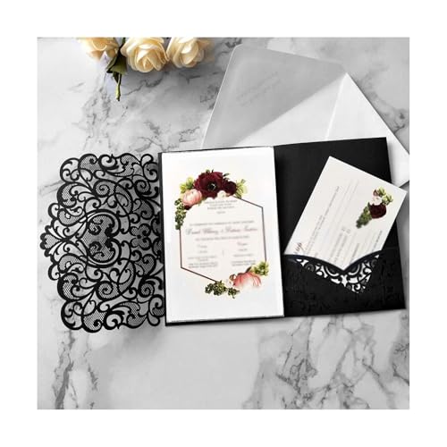 LNQKJXIIA 50er-Pack lasergeschnittene Hochzeitseinladungen, Partyeinladungen, Einladungskarten for Hochzeitsfeiern, Brautpartys, Verlobungen, Geburtstagseinladungen Einladungen(Svart) von LNQKJXIIA