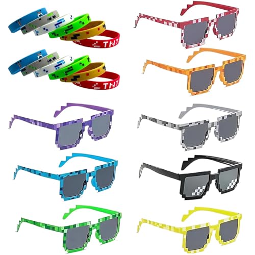 LNSYSNS 8 Stück Witzige Sonnenbrillen, Sonnenbrille Lustig, Bunt Party Sonnenbrille, Pixel-Design Festival Brille, mit 12 Armbändern, für Geburtstag, Mottoparty, Musikfestival von LNSYSNS