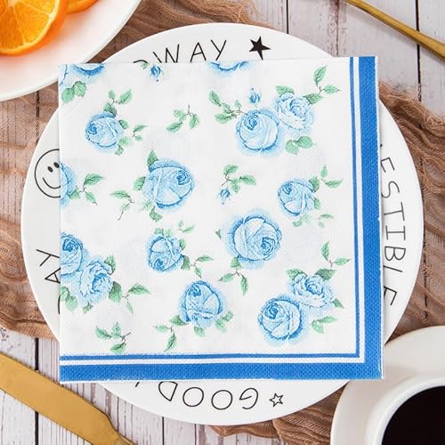 Servietten Blaue Weiße Rose Servietten Hochzeit Geburtstag Kindergeburtstag Cocktailservietten Geburtstagsservietten Party Napkins Disposable Weich Papierservietten Tischdeko Pack of 15(33x33cm) von LNXSESN