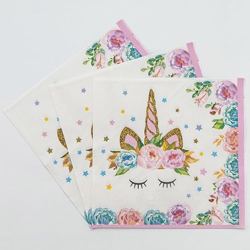 Servietten Einhorn Goldene Blume Servietten Hochzeit Geburtstag Kindergeburtstag Cocktailservietten Geburtstagsservietten Party Napkins Disposable Weich Papierservietten Tischdeko Pack of 20(33x33cm) von LNXSESN