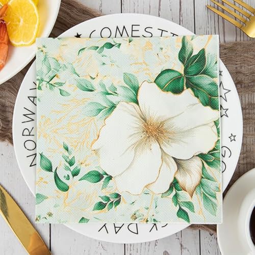 Servietten Goldene Grüne Blume Servietten Hochzeit Geburtstag Kindergeburtstag Cocktailservietten Geburtstagsservietten Party Napkins Disposable Weich Papierservietten Tischdeko Pack of 15(33x33cm) von LNXSESN