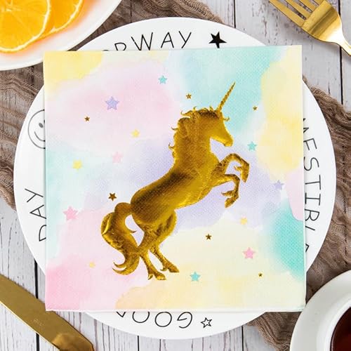 Servietten Goldenes Einhorn Lila Servietten Hochzeit Geburtstag Kindergeburtstag Cocktailservietten Geburtstagsservietten Party Napkins Disposable Papierservietten Tischdeko Pack of 20(33x33cm) von LNXSESN