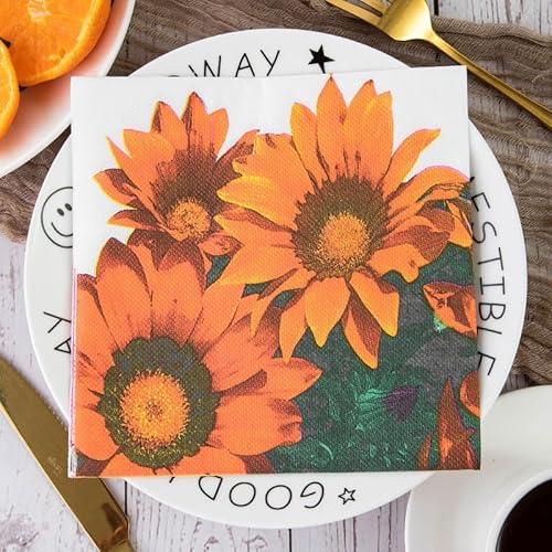 Servietten Orange Sonnenblume Grün Servietten Hochzeit Geburtstag Kindergeburtstag Cocktailservietten Geburtstagsservietten Party Napkins Disposable Weich Papierservietten Tischdeko Pack of 5(33x33cm) von LNXSESN