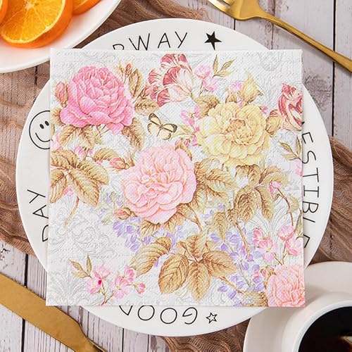 Servietten Rosa Gelbe Pfingstrose Servietten Hochzeit Geburtstag Kindergeburtstag Cocktailservietten Geburtstagsservietten Party Napkins Disposable Weich Papierservietten Tischdeko Pack of 15(33x33cm) von LNXSESN