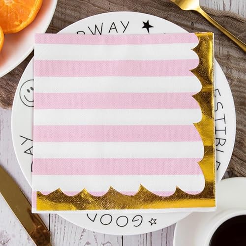 Servietten Rosa Gestreiftes Gold Servietten Hochzeit Geburtstag Kindergeburtstag Cocktailservietten Geburtstagsservietten Party Napkins Disposable Papierservietten Tischdeko Pack of 10(33x33cm) von LNXSESN