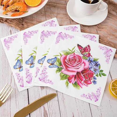 Servietten Rose Schmetterling Lila Servietten Hochzeit Geburtstag Kindergeburtstag Cocktailservietten Geburtstagsservietten Party Napkins Disposable Papierservietten Tischdeko Pack of 20(33x33cm) von LNXSESN