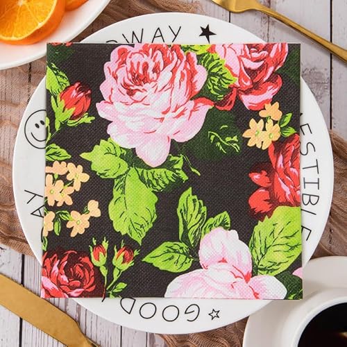 Servietten Schwarze Blume Grün Servietten Hochzeit Geburtstag Kindergeburtstag Cocktailservietten Geburtstagsservietten Party Napkins Disposable Papierservietten Tischdeko Pack of 5(33x33cm) von LNXSESN