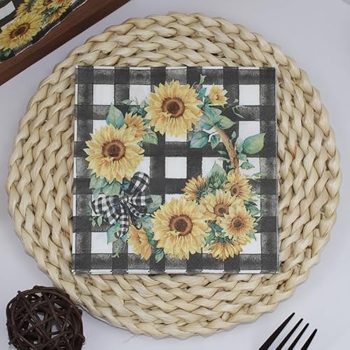 Servietten Schwarze Grüne Sonnenblume Servietten Hochzeit Geburtstag Kindergeburtstag Cocktailservietten Geburtstagsservietten Party Napkins Disposable Papierservietten TischdekoPack of 5(33x33cm) von LNXSESN