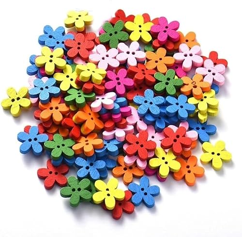Bunte Holzknöpfe mit 2 Löchern, zum Nähen, Basteln, flache Rückseite, niedliche Bekleidungsdekoration, Blumenform, 100 Stück Bunte Holzknöpfe mit 2 Löchern, zum Nähen, Basteln, flache Rückseite, niedliche Bekleidungsdekoration, Blumenform, 100 Stück von LNYMZD