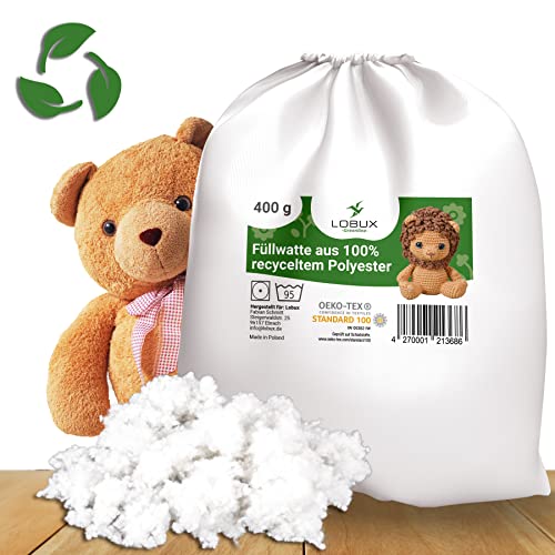 LOBUX® - Nachhaltige Füllwatte 100% Recycled (400g) - OEKO-TEX100 - Waschbar 95°C - Füllmaterial für Kuscheltiere, Kissenfüllung - Watte speziell für Amigurumis von LOBUX