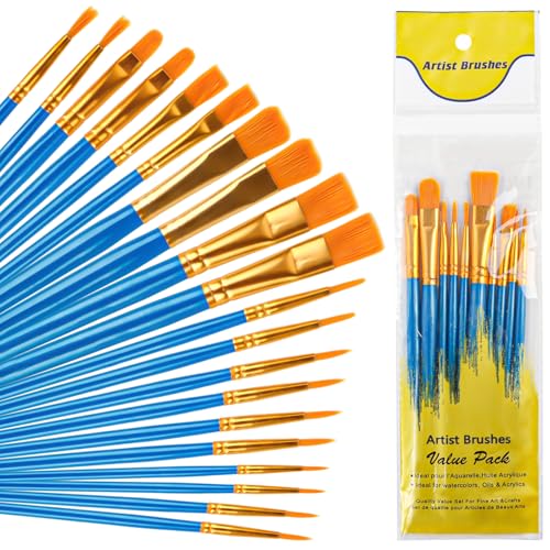20pcs Pinsel Set, Hochwertige Pinsel mit Holzgriffen,，für Öl-, Acrylmalerei, Steinmalerei, Blau，Details und Kunstmalerei von LOBVABA