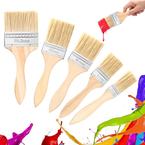 Flachpinsel 5 er Pack，Pinselset Holzgriffpinsel Glanzpinsel, Flacher Pinsel，Lasurpinsel Lackierpinsel，Für Farbe, Ölmalerei, Beize,Malen，zum Streichen, DIY(25.4/38.1/50.8/63.5/76.2 mm) von LOBVABA