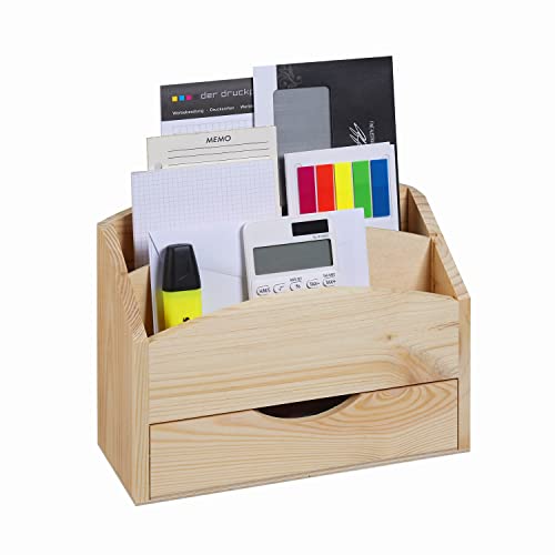 LOCALIS Schreibtisch Organizer, Briefablage | mit Schublade | Kiefernholz | 2 Fächer, herausnehmbare Trennwand | Dokumentenablage, Postablage | 25 x 10 x 20 cm (LxBxH) von LOCALIS