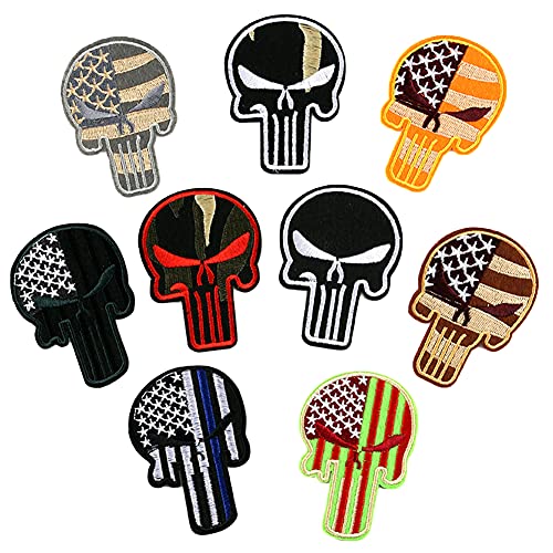 LOCOMO 9 Skull Bone US Flag Iron On Patch Sew On Patch Embroidered Punisher American Country Flag Emblem Badge DIY Applique Adult Men Women Couples Clothing Jacket Hat Jeans Pants Backpack Decoration von LOCOMO