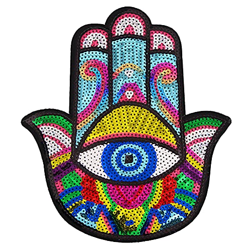 LOCOMO Große Hamsa-Auge Hand der Fatima Pailletten Bügelbild Aufnäher Funkelnd Bunt DIY Applikation Motiv für Kinder Erwachsene Kleidung Jacke Rucksack Dekoration von LOCOMO