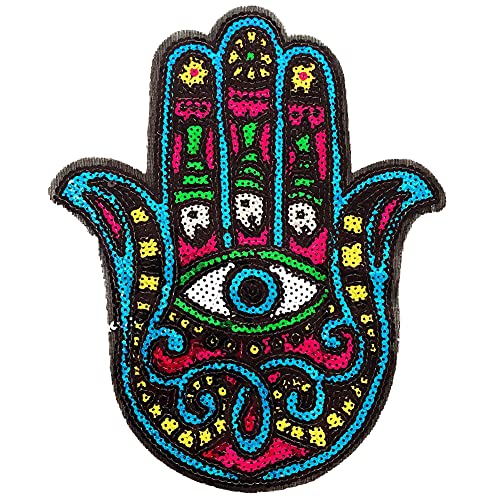 LOCOMO Große Hamsa-Auge Hand der Fatima Pailletten Bügelbild Aufnäher Funkelnd Bunt DIY Applikation Motiv für Kinder Erwachsene Kleidung Jacke Rucksack Dekoration von LOCOMO