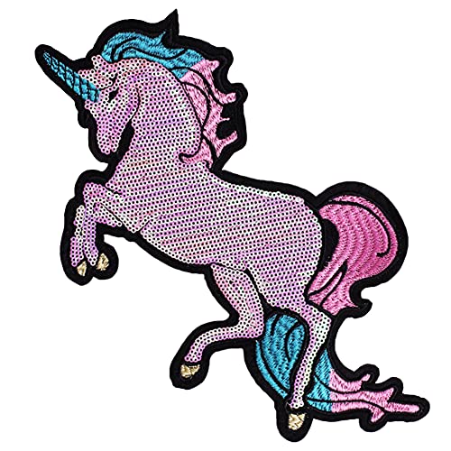 LOCOMO Großes rosa Einhorn-Pailletten zum Aufbügeln oder Aufnähen, glitzerndes kleines Pony, Aufzucht, DIY-Applikation, Motiv für Kinder, Mädchen, Damen, Kleidung, Jacke, Rucksack, Dekoration von LOCOMO