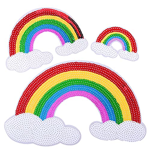 LOCOMO Set 3 große Pailletten, Regenbogen-Wolken-Aufnäher, zum Aufnähen, DIY-Applikation, Motiv: Kinder, Erwachsene, Kleidung, Jacke, Hut, Rucksack, Dekoration, mehrfarbig von LOCOMO