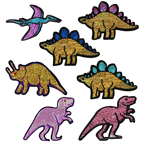 LOCOMO Set 7 große Dinosaurier Pailletten Bügelbild Aufnäher Stegosaurus Triceratops Pterodaktyl Pterosaurier TRex Tyrannosaurus Rex DIY Applique Motiv für Kinder Jungen Kleidung Jacke Rucksack von LOCOMO