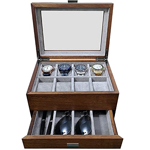 LOEAPEA Holz Uhrenbox mit Valet Schublade - Massivholz Vitrine für große Herren Armbanduhren | Kommode Organizer mit Aufbewahrung für Schmuck, Sonnenbrillen und Uhrenarmband von LOEAPEA