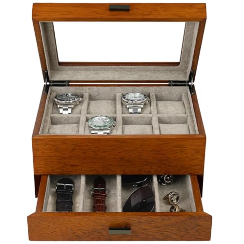 LOEAPEA Holz Uhrenbox mit Valet Schublade - Massivholz Vitrine für große Herren Armbanduhren | Kommode Organizer mit Aufbewahrung für Schmuck, Sonnenbrillen und Uhrenarmband von LOEAPEA