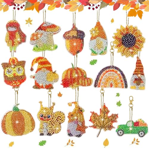 15PCS DIY Bastelset Herbst Diamond Painting,5D Herbst Wichtel Diamont Painting,Wichtel Diamond Painting Schlüsselanhänger Anhänger,Thanksgiving Diamant Malerei Schlüsselanhänger,für Erntedankfest Deko von LOEPENLE
