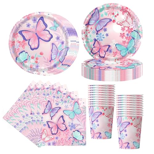 60 Pcs Schmetterling Partygeschirr Set,Schmetterling Deko Geburtstag,20 Gäste Schmetterling Teller Set,Schmetterling Geburtstag Party Geschirr für Mädche,Schmetterling Party Deko Kindergeburtstag von LOEPENLE