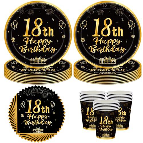 60 Stück 18.Geburtstag Partygeschirr,18 Geburtstagsdeko Partygeschirr Set,18. Geburtstag Partygeschirr Set,18th Schwarz und Gold Party Geschirr Set,Pappteller Becher,Servietten für 20 Gäste von LOEPENLE