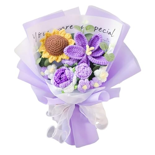 LOEVEN Häkelblumen Künstlicher Blumenstrauß Häkeln Sonnenblume Tulpe Rosen Handgemachte Gestrickte Blumen Nelke Konservierte Blume für Muttertag Valentinstag Geburtstag Abschlussfeier (Lila) von LOEVEN