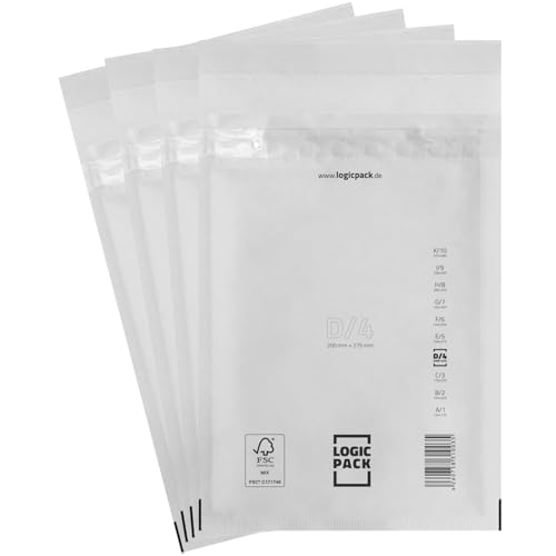 LOGIC PACK 100 Luftpolsterumschläge Versandtaschen Luftpolster D4 200 x 275 mm Weiß, Luftpolstertaschen Haftklebend Gepolsterte Briefumschläge Premium Umschläge Polsterumschläge geeignet für DIN B5 von LOGIC PACK