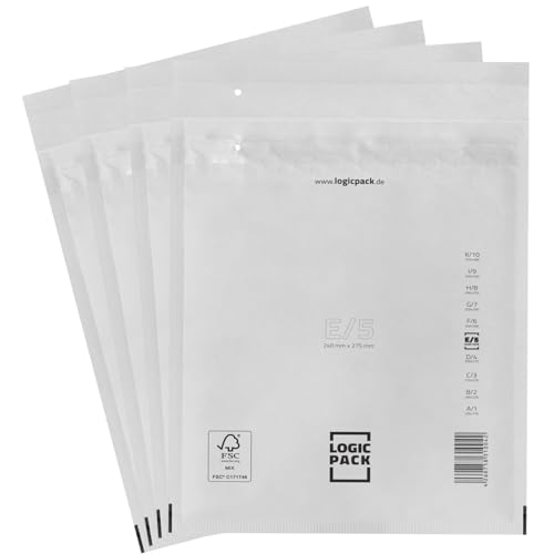 LOGIC PACK 25 Luftpolsterumschläge Versandtaschen Luftpolster E5 240 x 275 mm Weiß, Luftpolstertaschen Haftklebend Gepolsterte Briefumschläge Premium Umschläge Polsterumschläge geeignet für DIN B5 von LOGIC PACK