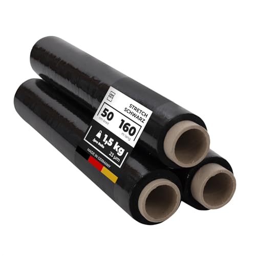 LOGIC PACK Stretchfolie Schwarz Verpackungsfolie Folie für Möbel Stretchfolienrolle 50cm/160m - 1.5 kg, Wickelfolie, Handfolie für Umzug und Versand - 3 Rollen von LOGIC PACK