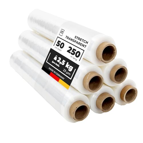 LOGIC PACK Verpackungsfolie Stretchfolie Transparent Packfolien Folie Für Möbel Handfolie Wickelfolie Verpackungsmaterial - 6 Rollen 50 cm Breite 250m Länge 2,5 kg LOGIC PACK Verpackungsfolie Stretchfolie Transparent Packfolien Folie Für Möbel Handfolie Wickelfolie Verpackungsmaterial - 6 Rollen 50 cm Breite 250m Länge 2,5 kg von LOGIC PACK
