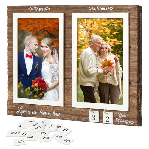 LOHAME Then & Now Bilderrahmen zum Jahrestag Fotorahmen aus Holz Vintage Holzrahmen Wand- und Tischbilderrahmen für Jubiläum Hochzeit Verlobung Abschluss Jahrestag Geschenk (4x6inch) von LOHAME
