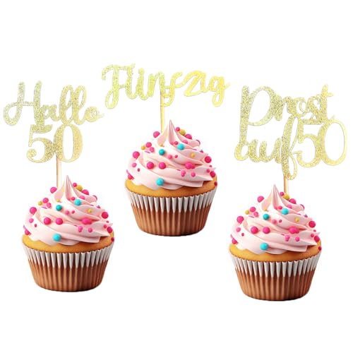 LOINFE Cupcake Topper, 24 Stück Geburtstag Tortendeko, Cake Topper Geburtstag, 50. Gold Kuchentopper für Hochzeit Geburtstag Party Kuchen Dekorationen von LOINFE