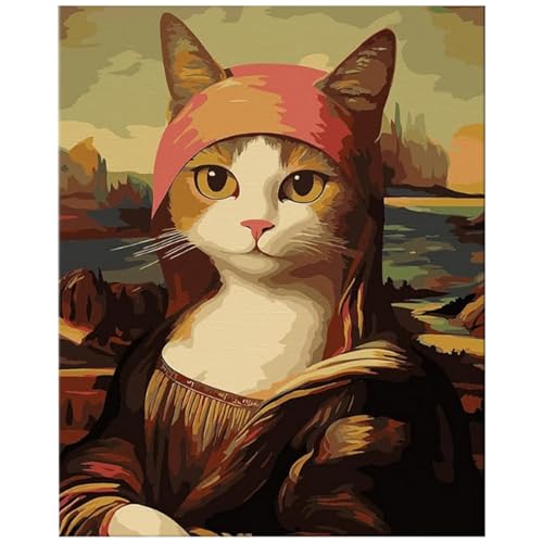 LOITTAINUE Malen Nach Zahlen Erwachsene - Mona Lisa Katze, DIY Handgemalt Ölgemälde Kit mit Knitterfreie Leinwand, 3 Pinsel und Acrylfarbe - Home Deko Geschenk 40 x 50 cm (Ohne Rahmen) (A) von LOITTAINUE