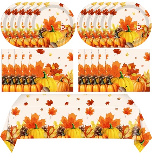 41-teiliges Herbst-Geschirr-Set mit Kürbis – 20 Teller, 20 Servietten und 1 Tischdecke mit Kürbis- und Ahornblatt-Muster für Thanksgiving, Partyzubehör, Herbstfeiern 41-teiliges Herbst-Geschirr-Set mit Kürbis – 20 Teller, 20 Servietten und 1 Tischdecke mit Kürbis- und Ahornblatt-Muster für Thanksgiving, Partyzubehör, Herbstfeiern von LOIYSHINE
