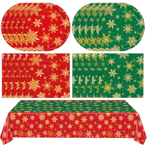 Weihnachts-Schneeflocken-Geschirr-Set: 20 Teller, 20 Papierservietten und 1 Tischdecke für Weihnachtsessen, Feiertagsfeiern und Familienfeiern (Schneeflocke) von LOIYSHINE