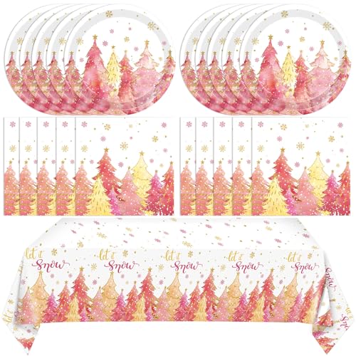 Weihnachtsgeschirr-Set, 41-teilig, 20 Teller, 20 Servietten und 1 Tischdecke mit rosa Weihnachtsbaum-Muster, für Weihnachten, Winterurlaub, Partyzubehör, für 20 Personen Weihnachtsgeschirr-Set, 41-teilig, 20 Teller, 20 Servietten und 1 Tischdecke mit rosa Weihnachtsbaum-Muster, für Weihnachten, Winterurlaub, Partyzubehör, für 20 Personen von LOIYSHINE