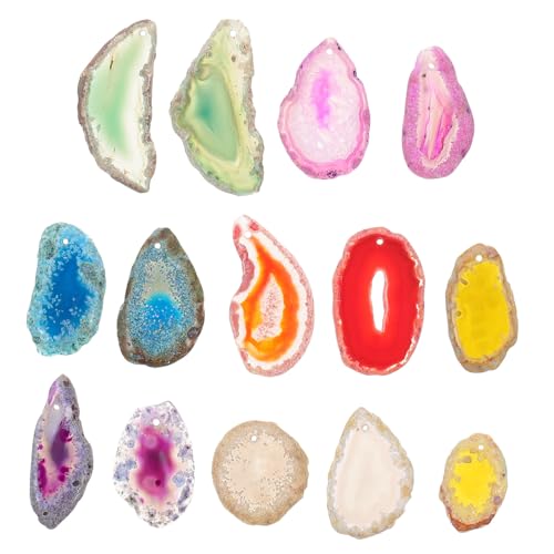 LOLIPPYY 14 Stück Teiliges Natürliche Bunte Chalcedon Anhänger mit Bohrung Polierte Farbige Chalcedon Scheiben für DIY Schmuckherstellung Vielseitig Einsetzbar als Halskettenanhänger und von LOLIPPYY