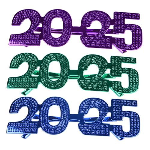 LOLIPPYY 3 Stück Neujahrsbrillen Teiliges Leichte Stabile Partybrillen mit Lustigem Zahlen Design in Grün Lila Blau für Tanz und Dekoration von LOLIPPYY