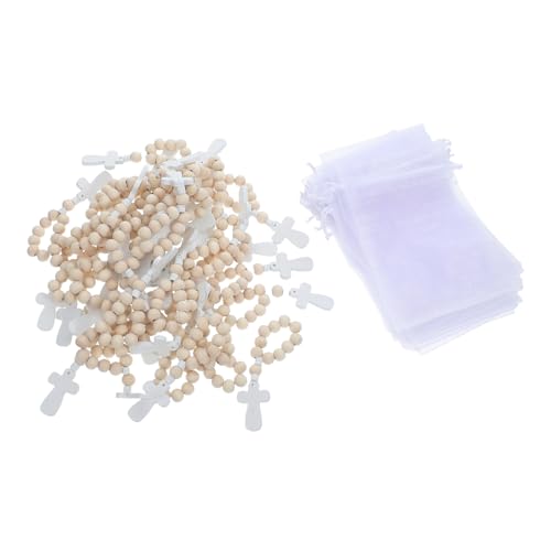 LOLIPPYY 40 Sets Kleiner Holz-rosenkranz Mit Kreuzanhängern Für Taufe, Andenken, Erstkommunion, Kleine Kreuz-rosenkranz-armbänder Mit Taschen von LOLIPPYY