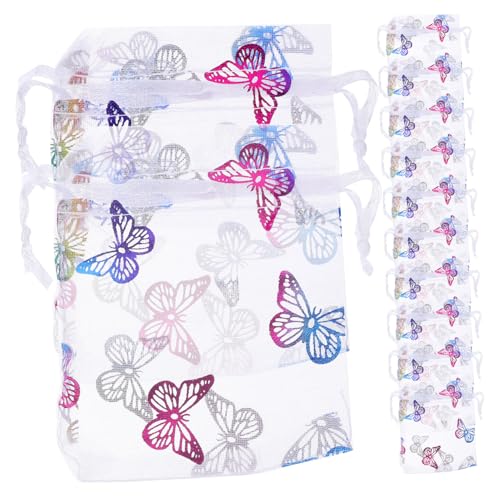 LOLIPPYY 50 Stück Kleine Organza Beutel mit Goldfarbenem Schmetterlingsmotiv Transparentes Schmuck und Geschenkbeutelchen Dekorative Zugbeutel für Hochzeit Party Süßigkeiten und Mitgebsel von LOLIPPYY