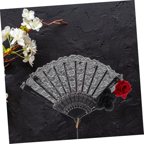 LOLIPPYY Eleganter Schwarzer Spitzen handfächer Faltbar Gothic Lolita Stil Romantisches Spitzenmuster mit Anhänger Tragbar für Halloween Hochzeit Cosplay Party von LOLIPPYY