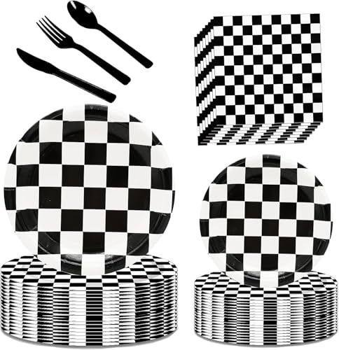 150-teiliges Rennwagen-Partyzubehör-Set – schwarz-weiß kariertes Rennpartygeschirr mit 22,9 cm und 17,8 cm karierten Tellern, Servietten, Gabeln, Messern, Löffeln von LOLOTICA