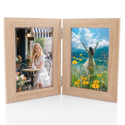 LOLYSIC 3 Stück Doppelter Bilderrahmen Faltbar, Doppelbilderrahmen 10x15, Klappbar Bilderrahme aus Holz, Bilderrahmen 2 Fotos, Faltbare Collage Klappbarer Fotorahmen für Hochzeit,Familie von LOLYSIC