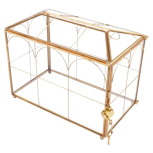 LOLYSIC Glas-Karten-Box mit Schlitz und Schloss für Hochzeit, Party, Empfang, Wishwell Andenken, Spende, geometrische dekorative Glasterrarienbox, Geschenkkarten-Box, 26 x 14,5 x 21,3 cm, Gold von LOLYSIC