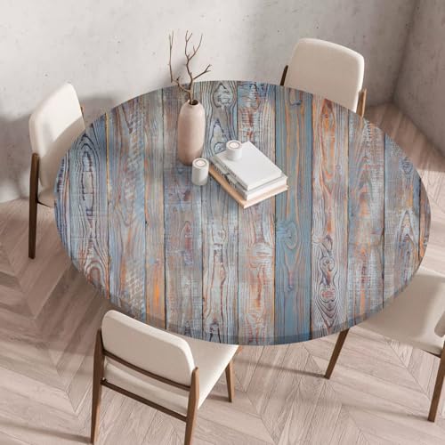 wasserdichte Runde Tischdecke mit Elastischem Saum, 3D Holzmaserungs Braun Blau Druck Abwischbare Tischdecke für Indoor Outdoor, Garten, Küche, Wohnzimmer, Couchtisch (90 cm, Color 6) von LOMDEM