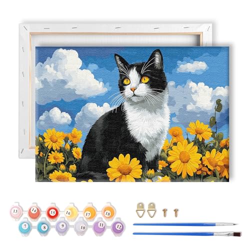LOMSIOY Rahmen Malen nach Zahlen Kit für Erwachsene, DIY Katze Ölmalerei mit Pinseln, Haken - Gänseblümchen Gerahmte Kunst-Kits für Anfänger - geeignet für Schlafzimmer, Tür Dekoration (8x12 inch) von LOMSIOY