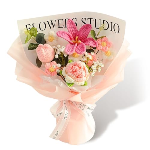 LOMUG Gehäkelte Blumen Blumenstrauß, Häkelblumen Blumenstrauss Künstlich, Häkeln Tulpen, Rosen, für Frauen Freunde Mutter Oma, Muttertag Valentinstag Jubiläen Abschlussfeiern (1, Inkalilien) von LOMUG